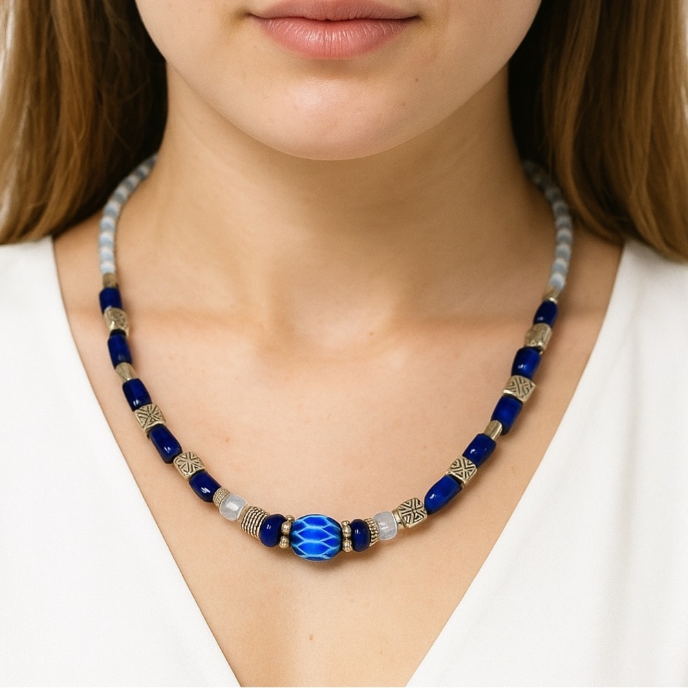 Handcrafted Blue Bead Choker Necklace African Trade Bead Silvertone Accent Beads